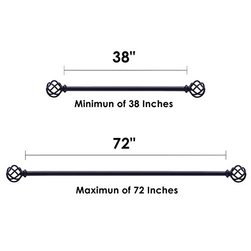 Qiteri Curtain Rod 38"-72" For Windows 2 Pack With Twisting Cage Finials, 3/4" Adjustable Single Window Rod 38"-72",Black Drapery Rod Of Window Treatment,2 Pack #TOP3