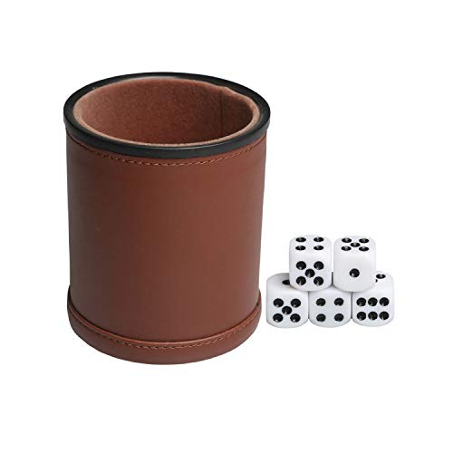 Leather Dice Cup Set Felt Lining Quiet Shaker with 5 Dot Dices for Farkle Yahtzee Games,4 Pack (Brown)