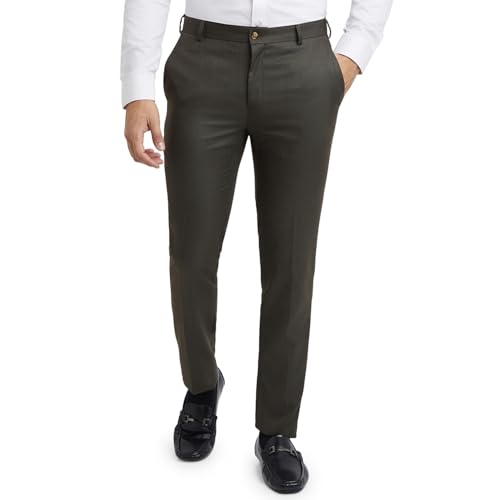 Image of Raymond Men's Slim Fit Mid Rise Structure Pattern Poly Viscose Blend Flat Front Formal Trouser
