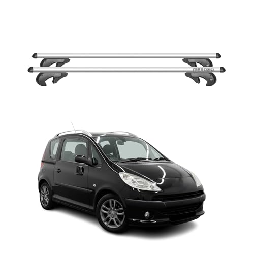 Menabo, Barre Portatutto Barre Portapacchi Trasversali compatibili con Peugeot 1007 2005-2010 | TÜV | Portabici Portapacchi in Alluminio, 2 Pezzi, Argento 90 kg