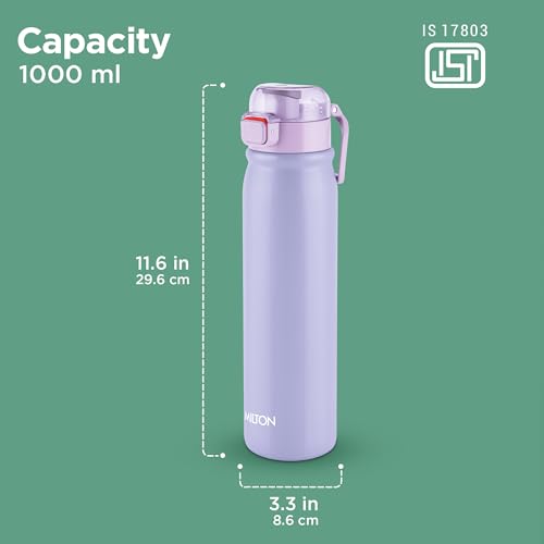 Image of MILTON Reva 1000 ISI Certified Stainless Steel Water Bottle with Twin Lid Sip or Gulp, 1 Litre | Single Wall, BPA-Free, Leakproof | Sturdy Handle | Ideal for Home, Office, Gym & Travel, Purple