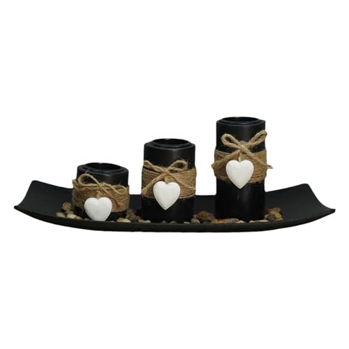Portavelas de madera, 3 portavelas de corazón vintage, soporte para velas con bandeja, soporte para decoración para cena romántica, centro de mesa