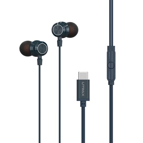 Image of UTRAX BeatX Type-C Wired Earphones with Mic | 14.2mm Driver, High Bass Stereo Sound | Magnetic Metal Earbuds | 1.2M TPE Anti-Tangle Cable | USB-C Earphones for Android Devices | Blue