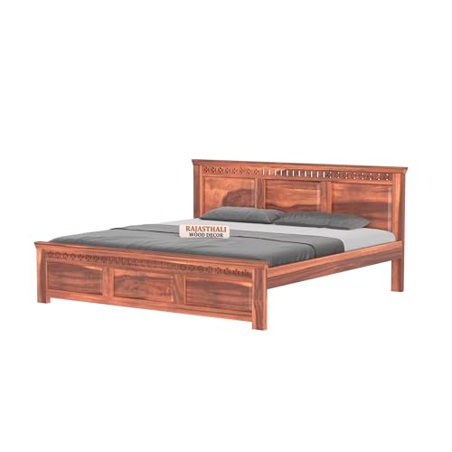 Image of Kuber Sheesham Wood King Size Bed Without Storage (81x74 Inch) | Wooden Double Bed Cot for Bedroom Furniture | Modern Palang Design for Home & Hotels | Honey Finish