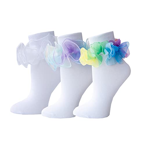 Women Big Ruffle Socks Double Lace Turn Cuff (Size 9-11, 3 Pairs)
