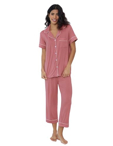 Image of Joyaria Bamboo Viscose Cooling Pajamas for Women Capri Button Front Pjs Set | Ideal for Night Sweats, Hot Sleeper Friendly, Breathable & Moisture Wicking, Short Sleeve Top