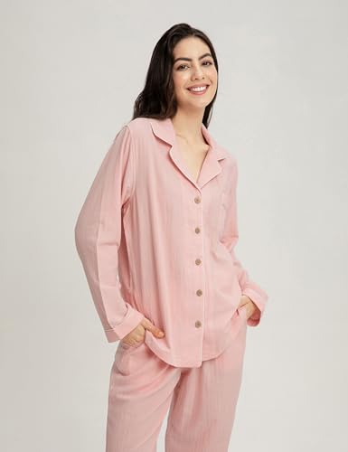 Image of Womens Muslin Pajama Set 100% Cotton Double Gauze Linen Like | Breathable Soft Comfort Button Up Loungewear Sleepwear PJ Set