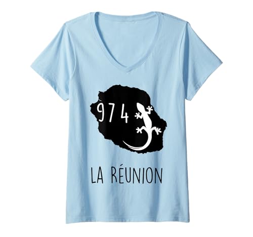Femme Carte Ile De La Réunion 974 Le La Margouillat T-Shirt avec Col en V