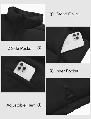 Image of WHN Men's Casual Puffer Vest Lightweight Full Zip Up Work Sleeveless Jacket Stand Collar Outerwear with 3 Pockets