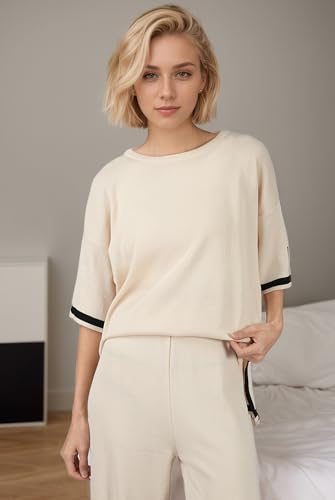 Image of Sweater Set Women 2 Piece Outfit, Beige Lounge Sets for Women with Elastic Waist, Crew Neck, Side Split, Coords Set Women