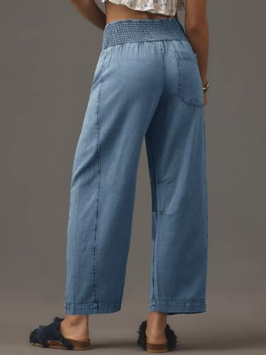 Cicy Bell Womens Smocked Barrel Jeans Casual Trendy High Waisted Baggy Pull On Denim Pants4