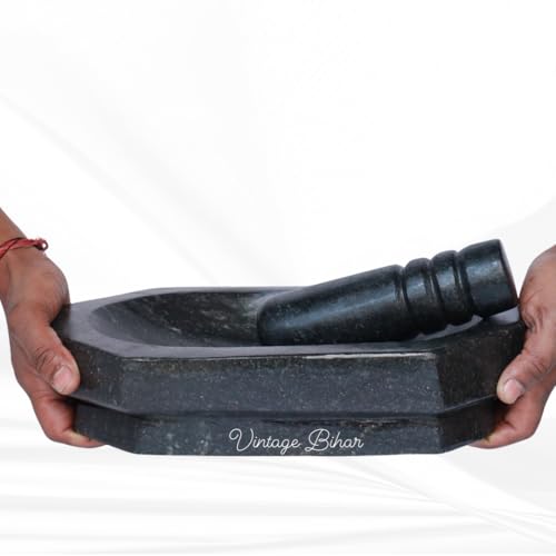 Image of Mortar pestle for kitchen, Silbatta for Chutney, Khalbatta Stone, ammikallu for kitchens small rolu rokali, idi kallu Pure Unpolished Granite Stone (Black, Length = 12 Inch)