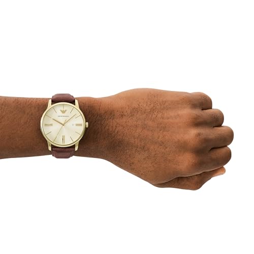 Image of Emporio Armani Leather Analog Beige Dial Men's Watch-Ar11610, Band Color-Brown