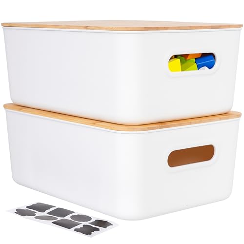Citylife 2Pack 13L Storage Box with Wood Lid, Plastic Storage Containers for Bathroom, Stackable Organizing Box with Handle for Shelves, Kitchen, White, 38 x 27 x 15 cm - Cosy Home Interiors Citylife 2Pack 13L Storage Box with Wood Lid, Plastic Storage Containers for Bathroom, Stackable Organizing Box with Handle for Shelves, Kitchen, White, 38 x 27 x 15 cm