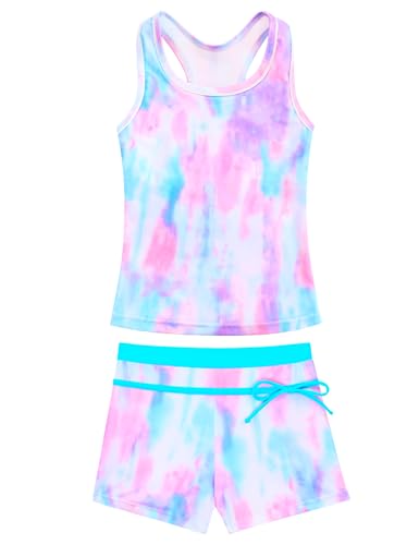 Image of Bathing Suits for Girls Size 3-4t 2 Piece Sleeveless Boyshort Swimwear Pink Blue Scrawl Tankini Swimsuit Sets