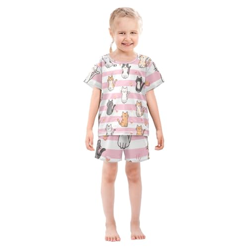 Girls 2 Piecing Short Sleeve Pj Night Pajama Pants for Children Nightwear 12Y Pink White Stripes Cartoon Cat pijamas para ni?os grandes3