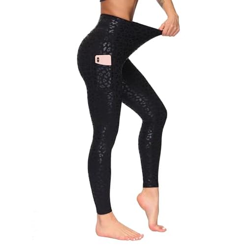 THE GYM PEOPLE Women's High Waist Yoga Pants Soft Tummy Control Athletic Workout Leggings with Deep Pockets Regular Medium Black Leopard
