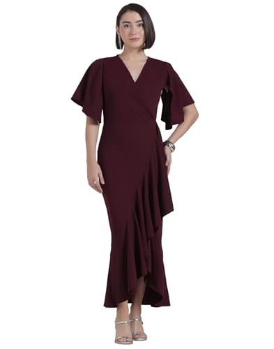 Image of Selvia Wine Flutter Sleeve Bodycon Midi Dress for Women, V-Neck Ruffle Hem Outfit