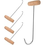 COLLBATH Ganchos para Carne en Forma de T de Acero Inoxidable 30 Cm con Mango de Madera, 4 Piezas para Carnicería Casera, Despiece, Barbacoa y Colgado de Carne en Cocina