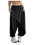 RoseSeek Women's Hippie Baggy Harem Pants Drawstring Waist Drop Crotch Trousers Asymmetrical Wrap Streetwear Black Medium