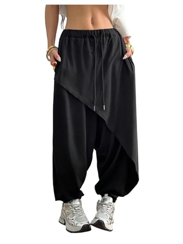 Women's Drawstring Waist Joggers Sweatpants Asymmetrical Multi Pleat Crotch Hippop Pants Streetwear