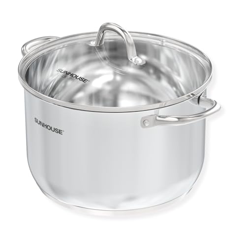 Comparison: Best Stock Pot For Canning 2 SUNHOUSE Stainless Steel Stock Pot - 11 Quart Heavy-Duty Induction Cooking Pot with Visible Lid for Pasta, Soup, Spaghetti - Nonstick Thick-Bottom Deep Stockpot for Canning, Boiling, and Simmering