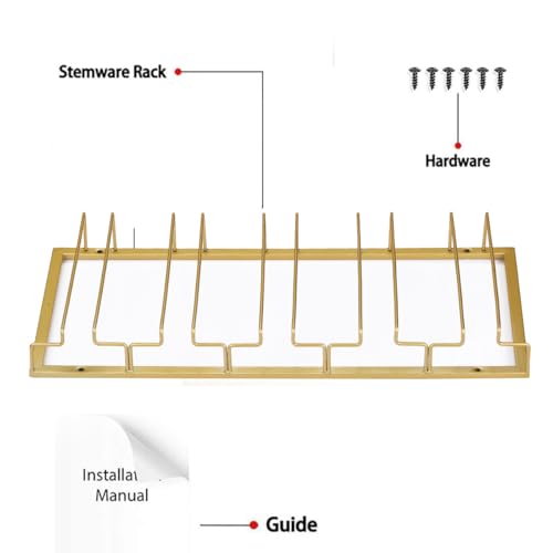 FOMANSH Wine Glass Rack - Under Cabinet Stemware Wine Glass Holder Glasses Storage Hanger 2 Pack Metal Organizer for Bar Kitchen 5 Rows Gold