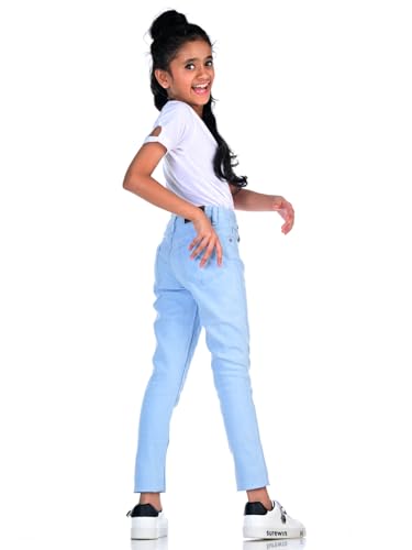 Image of Knit N Knot Girls' Kids Premium Solid Clean Ice, Light Blue Cotton Stretch Slim Fit Mid Rise Jeans | Classic 5 Pocket | Regular Casual EverydayFestive Occassional Wear | Adjustable Waist