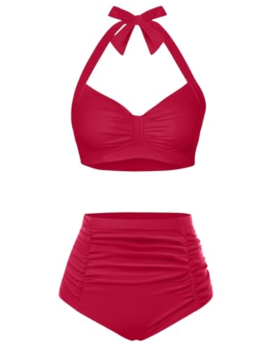 Image of Holipick Women High Waisted Bikini Set Two Piece Swimsuit Tummy Control Bathing Suit Vintage Halter Swimwear