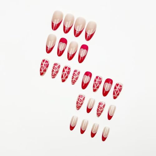 Image of Red Press on Nails Heart Fake Nails French Tip Glue on Nail with Lip Print Design Reusable Glossy Full Cover Stick on Nail for Women Manicure 24Pcs