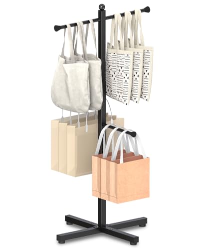 Ansionsol 42-48 Inch Adjustable Height Shopping Bag Rack Heavy Duty Metal T-shaped Grocery Bag Holder for Retail Stores Large Bag Display Stand for Malls Vendor Boutique Trade Show 4 Arms Black