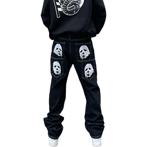 Men's Baggy Jeans Streetwear Fashion Printed Hip Hop Loose Fit Straight Leg Denim Pant Trousers with Multi Pockets