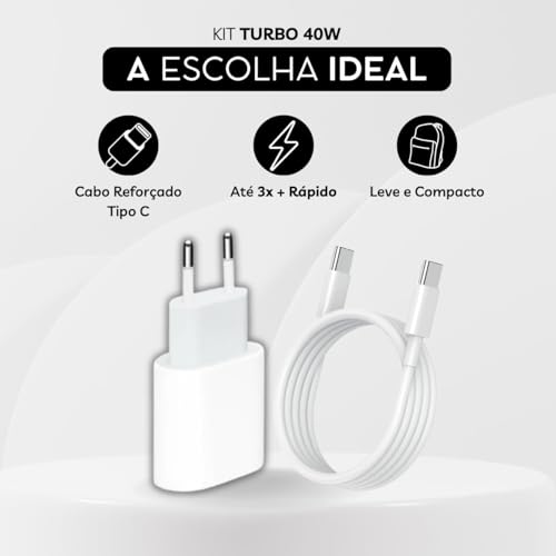 Kit Carregador Super Turbo 40W Porta Dupla (USB-A + USB-C) + Cabo USB Tipo-C, Compatível com Todos D