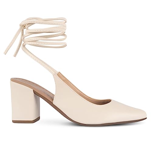 Sapato Scarpin Chanel Salto Grosso Amarração Bico Fino (Off White, br_footwear_size_system, adult, n