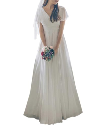 [DYIOPMFGZ] CHUMO レディース ドレス ワンピース ウエディングドレス イブニングドレス ロングドレス Vネック シンプル 気質 エレガント 上品 フォーマル 結婚式 二次会 お呼ばれ パーティー 宴会 (ホワイト,S,S) - DYIOPMFGZ - 商品画像