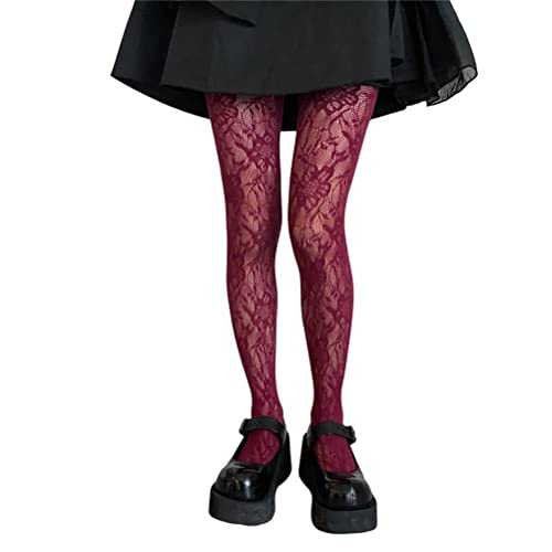 shownicer Collant Femme Sexy Bas Resille Mesh Y2K Extensible Filet élastique Noir Motifs Fleurs Fantaisie à Motif A Rouge Taille Unique