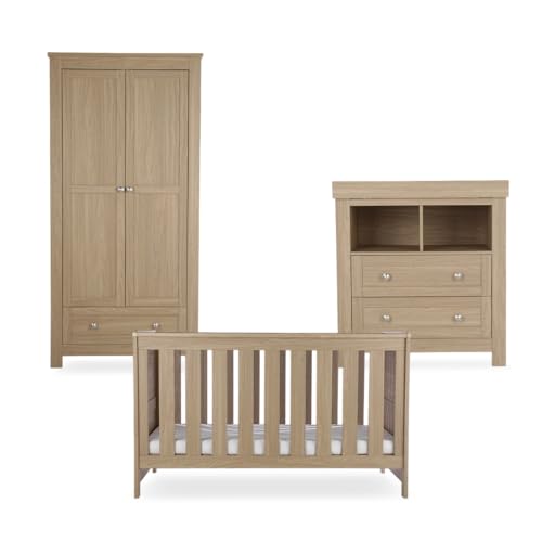 CuddleCo Burford Nursery Furniture Set - Convertible Cot Bed with 3 Mattress Base Positions, Dresser Changer with Removable Changing Top, Ideal Baby Furniture for Traditional Nursery (Oak, 3pc)