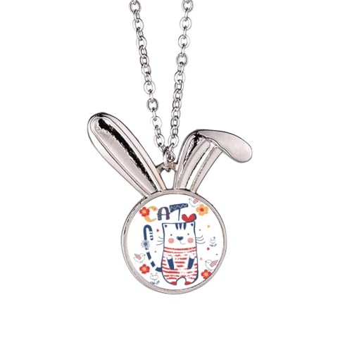 Collier lapin gravé chat et oiseau en argent pour femme