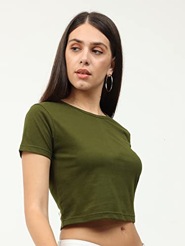 Image of FLEXIMAA Women's Cotton Plain Round Neck Half Sleeve Crop Top