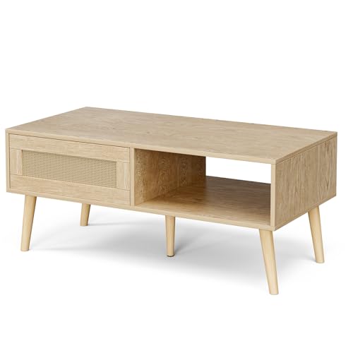 Image of ZttRiee Rattan Coffee Table with Sliding Doors, Mid-Century, Natural