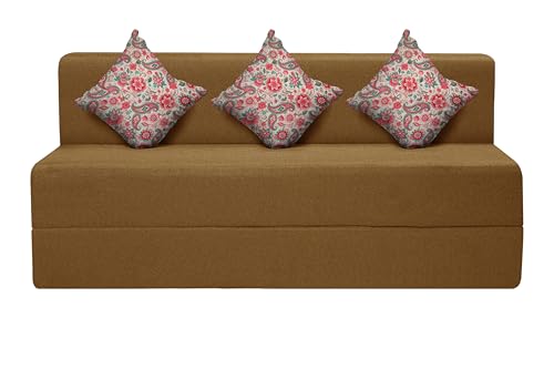 Image of Three Seater Sofa Cum Bed Jute Fabric 5 X 6 Ft| Space Saving Foldable Sofa Bed for Living Room & Guest Room | Comfortable Multi-Functional Furniture - Golden