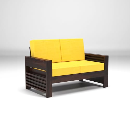 Image of Sheesham Wooden 2 Seater Sofa for Living Room | Rosewood 2 Seater Cushion Sofa with Side Teapoy for Home & Office | Solid Wood Sofa Set for Lounge (Honey,Beige,2 Seater)