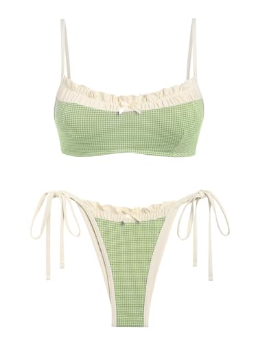 ZAFUL Bikini Sets for Women Plaid Ruffles Trim Swimsuit Sexy Tie Back Bowknot Triangle High Cut Tie Side Thong Bathing Suit