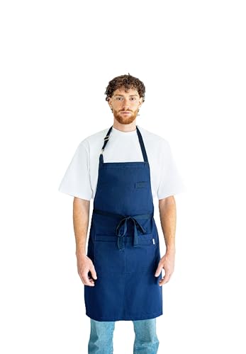 Tablier de cuisine bleu marine anti taches en coton réglable