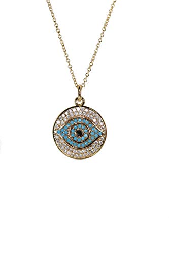 Evil Eye Necklace Protection Disc Pendant Medallion- 14k Gold Filled- Blue Turquoise- Women s Jewelry- Gift Idea- New Years