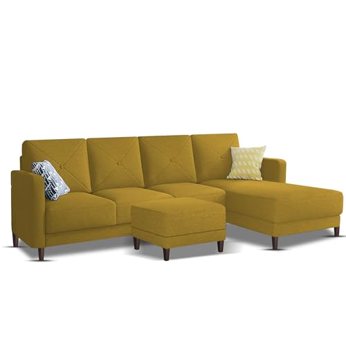 Image of Baloney RHS 6 Seater L Shape Sofa Set with Center Table for Living Room (Yellow Fabric) Premium Fabric Sofa
