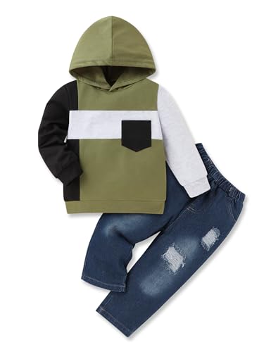 Image of Gaupafmb Baby Boy Clothes Toddler Boy Outfits Long Sleeve Hoodie Sweatshirts and Ripped Jeans 2Pcs Outfits Set