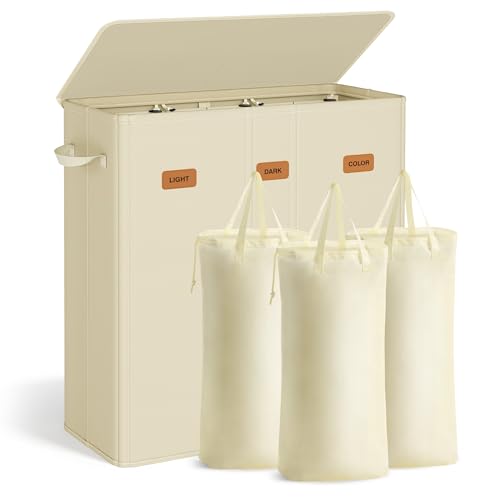 SONGMICS Wäschekorb mit 3 Fächern, 160 L, mit Deckel...