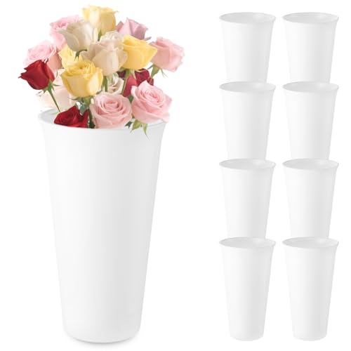 8 Pack Modern Round Vases Flower Buckets 9.84 Inch Plastic Floral Flower Vases for Centerpieces Floral Display Decorative Buckets Table Home Bridal Shower Wedding Festival Decorations