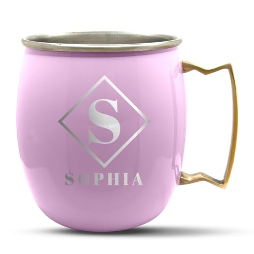Personalized Custom Pink Mug Smooth Finish Moscow Mule with Brass Handle | Diamond Monogram Engraved Bar Style Cup, 18 oz | Single